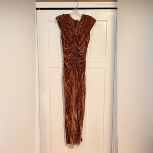 Ronny Kobo long cap sleeved dress with altered neckline.